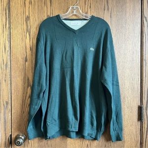 Lacoste Mens Sweater Size 7 US XXL Green Cotton V-Neck Long Sleeve Pullover